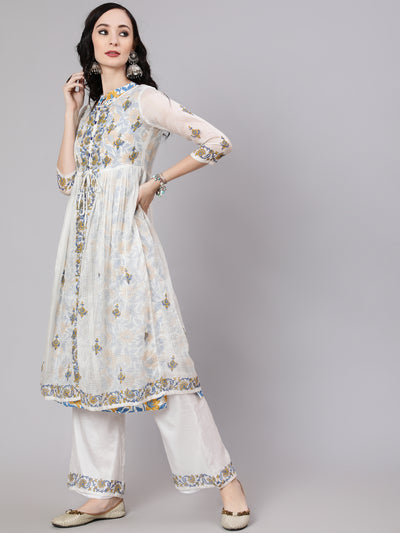 White Hand Block Print Layered Kurta With Palazzo