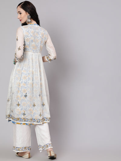 White Hand Block Print Layered Kurta With Palazzo