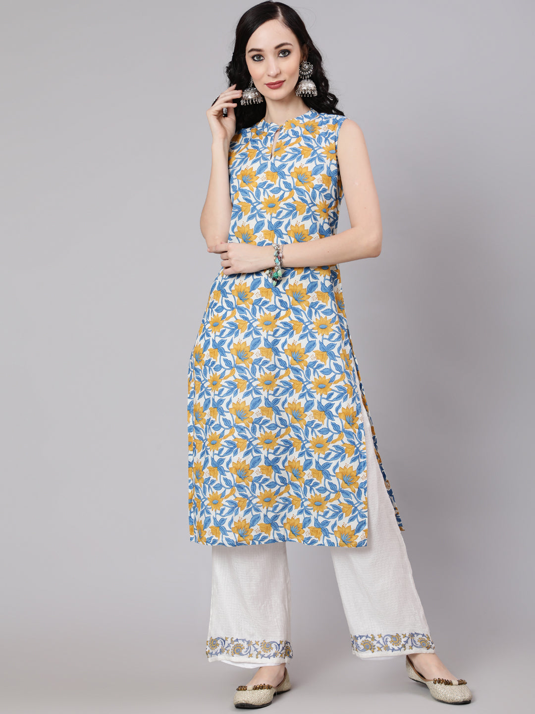 White Hand Block Print Layered Kurta With Palazzo