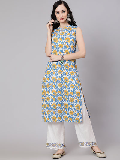 White Hand Block Print Layered Kurta With Palazzo