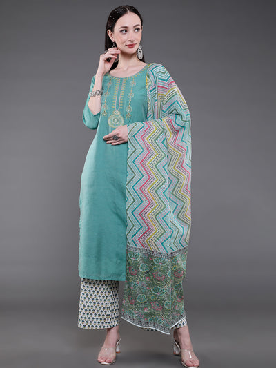 Green & White Printed Kurta Palazzo With Dupatta