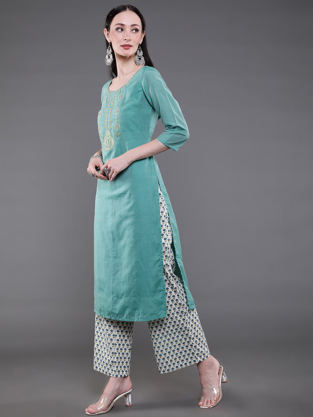 Green & White Printed Kurta Palazzo With Dupatta