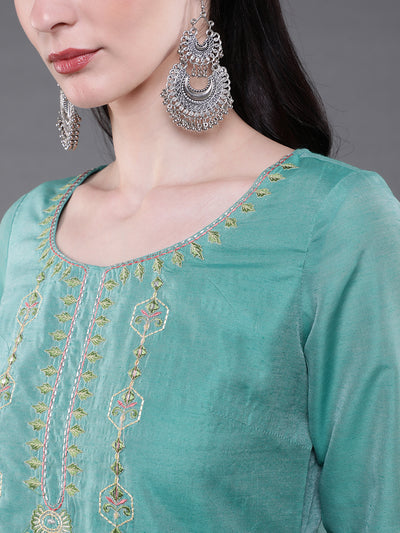 Green & White Printed Kurta Palazzo With Dupatta