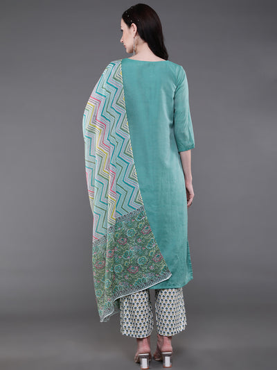 Green & White Printed Kurta Palazzo With Dupatta