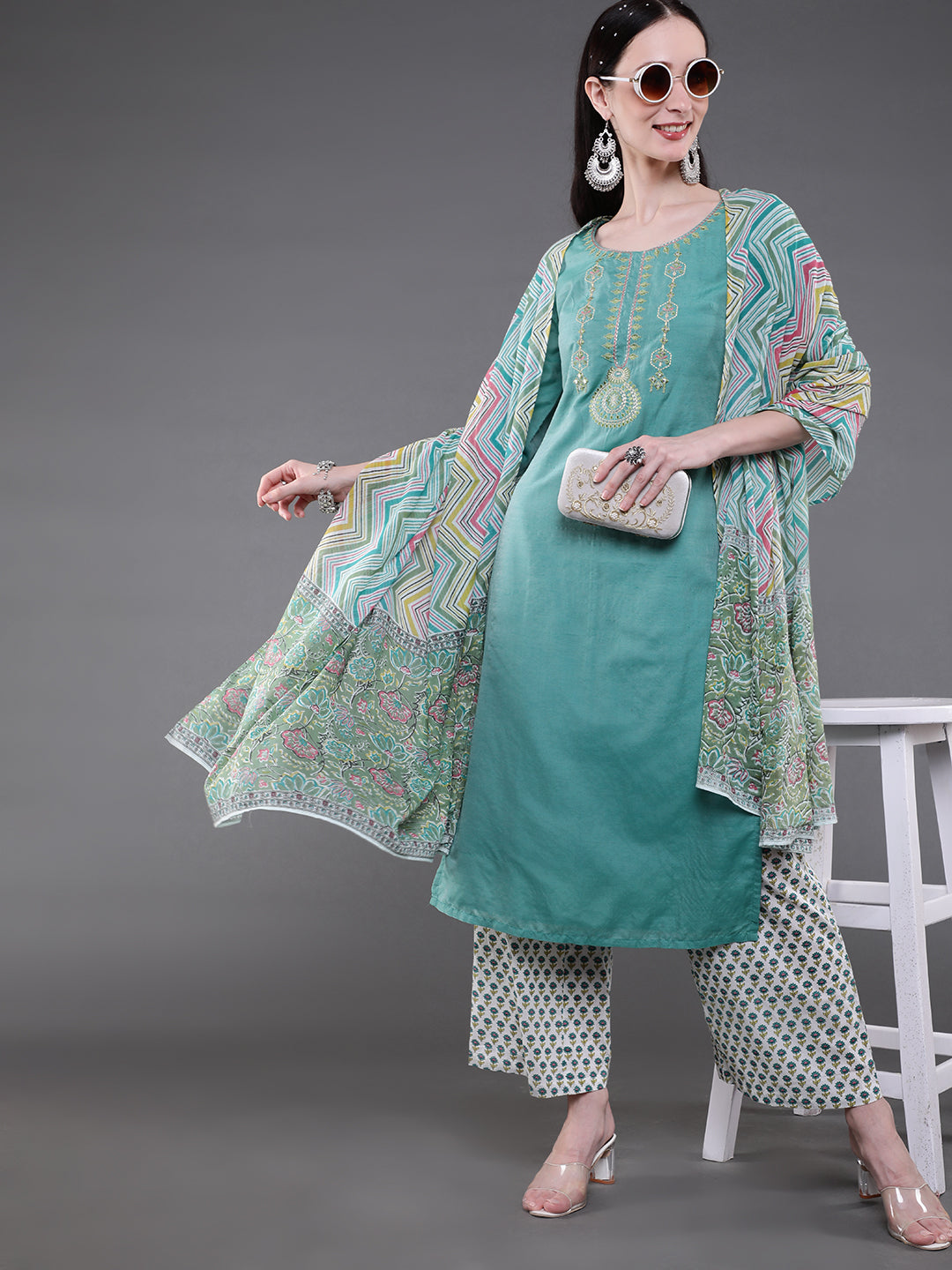 Green & White Printed Kurta Palazzo With Dupatta