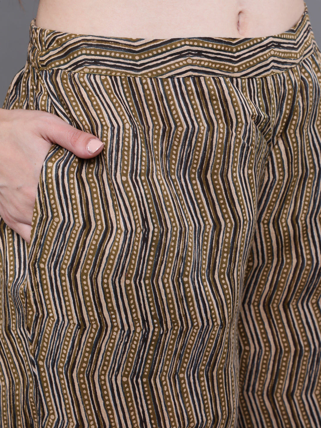 Olive & Grey Striped Kurta Pant With Jacket