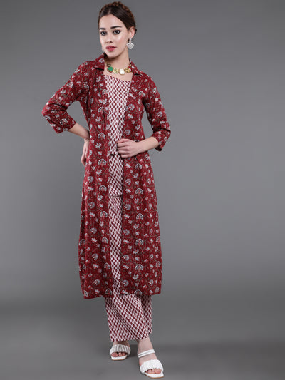 Maroon Ethnic Motif Co Ord Set with Jacket