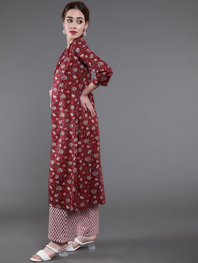 Maroon Ethnic Motif Co Ord Set with Jacket