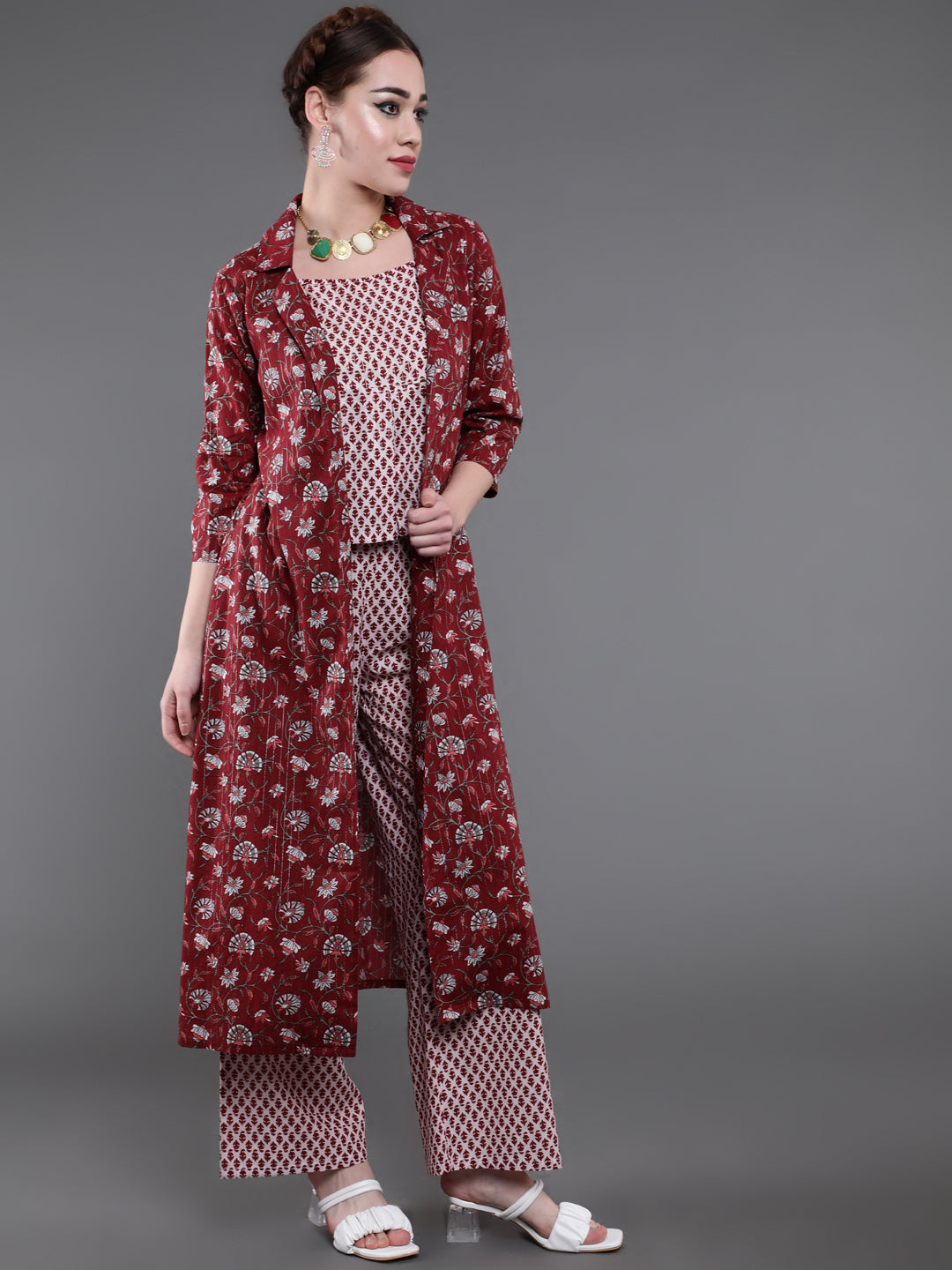 Maroon Ethnic Motif Co Ord Set with Jacket