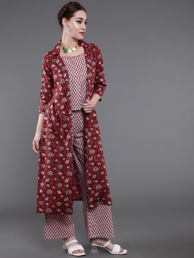 Maroon Ethnic Motif Co Ord Set with Jacket