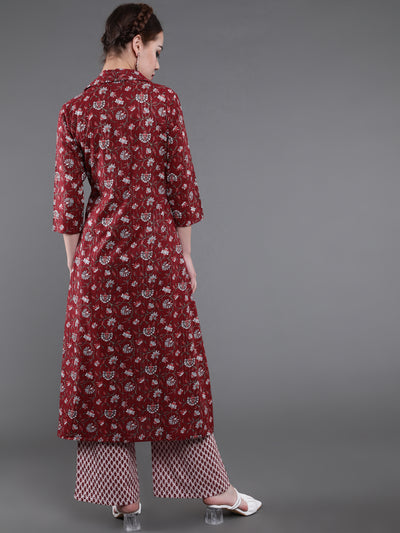 Maroon Ethnic Motif Co Ord Set with Jacket