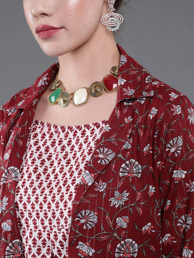 Maroon Ethnic Motif Co Ord Set with Jacket