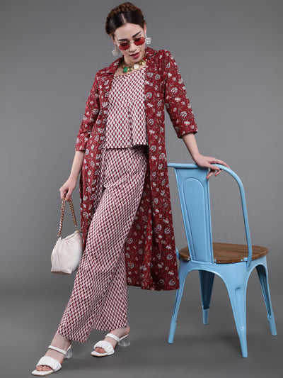 Maroon Ethnic Motif Co Ord Set with Jacket