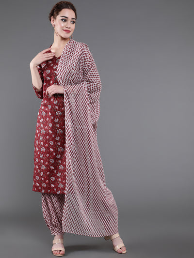 Maroon Printed Lurex Kurta Palazzo With Dupatta