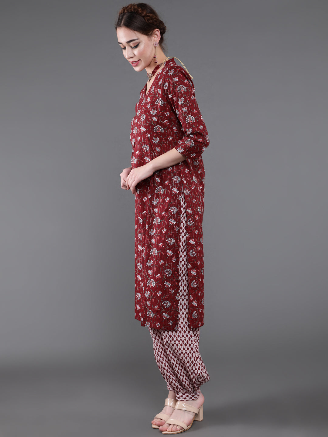 Maroon Printed Lurex Kurta Palazzo With Dupatta