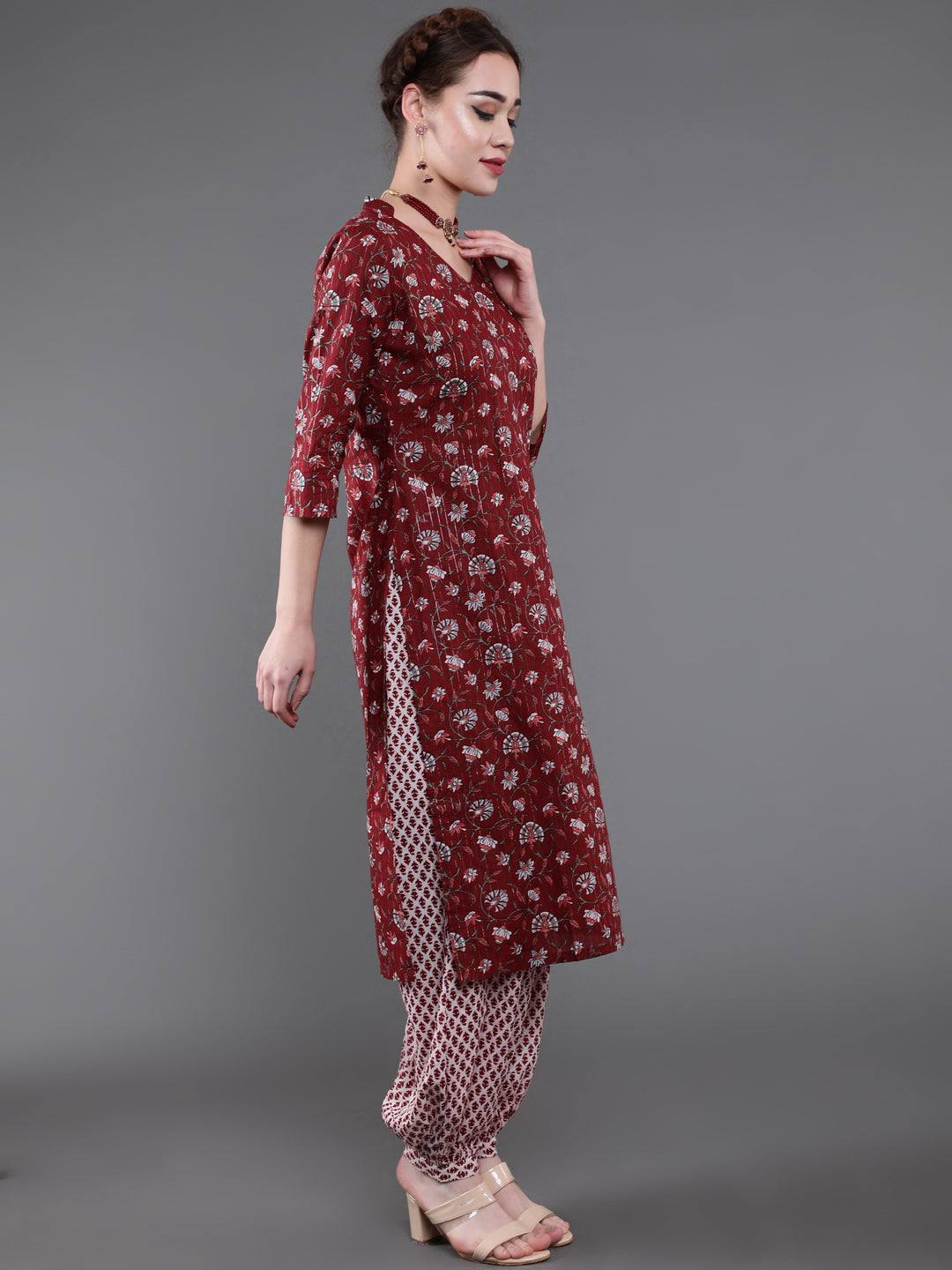 Maroon Printed Lurex Kurta Palazzo With Dupatta