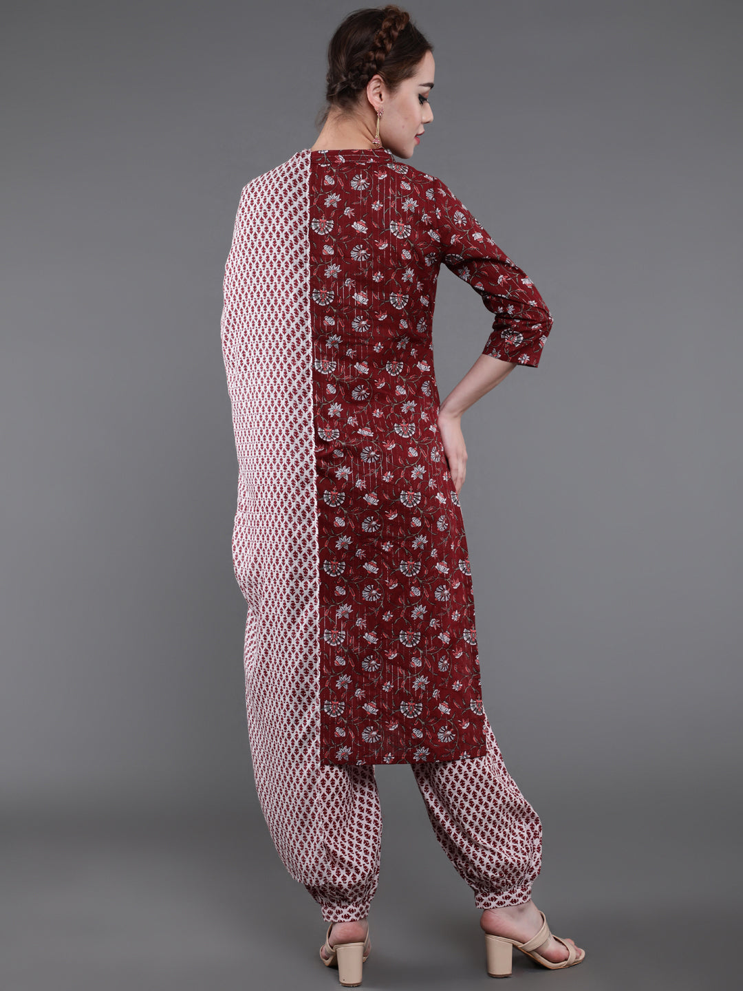 Maroon Printed Lurex Kurta Palazzo With Dupatta