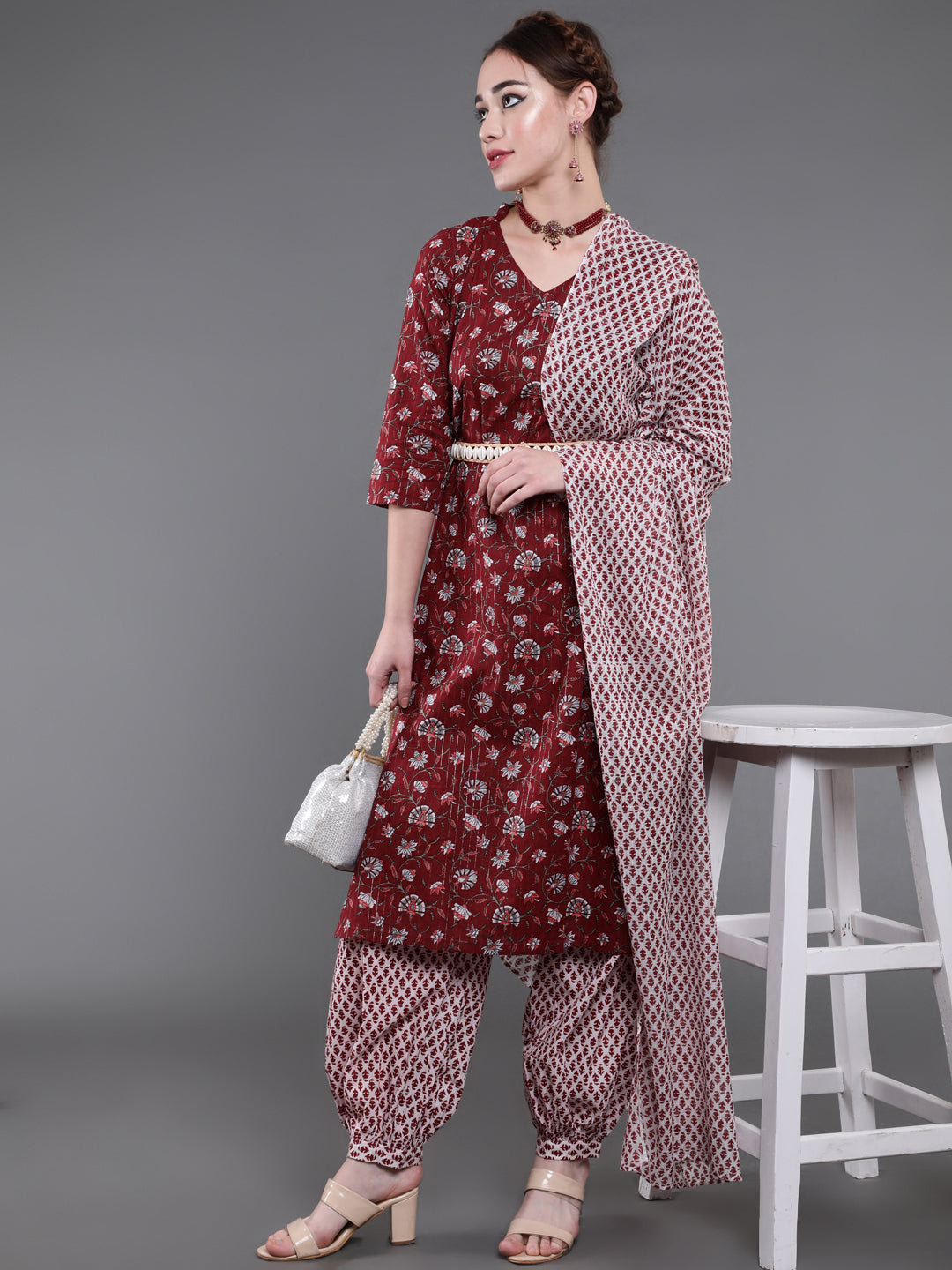 Maroon Printed Lurex Kurta Palazzo With Dupatta