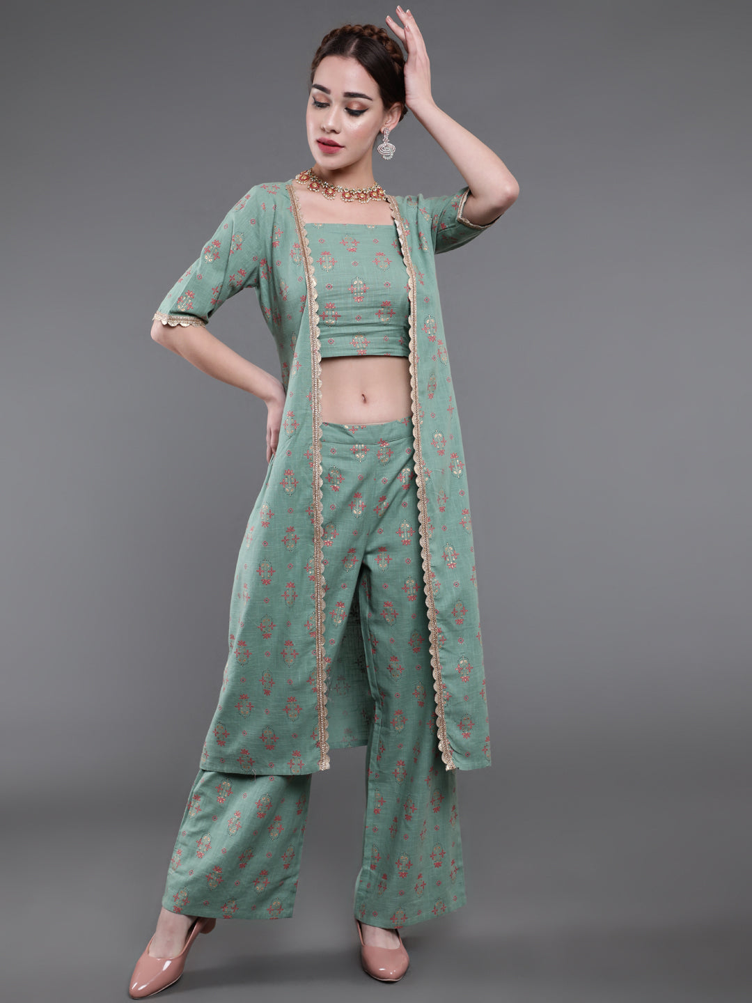 Sea Green Floral Co Ord Set With Jacket
