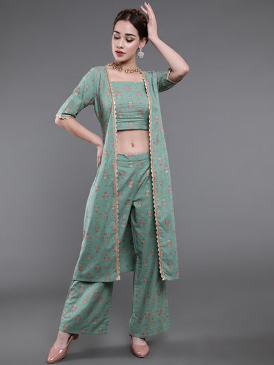 Sea Green Floral Co Ord Set With Jacket