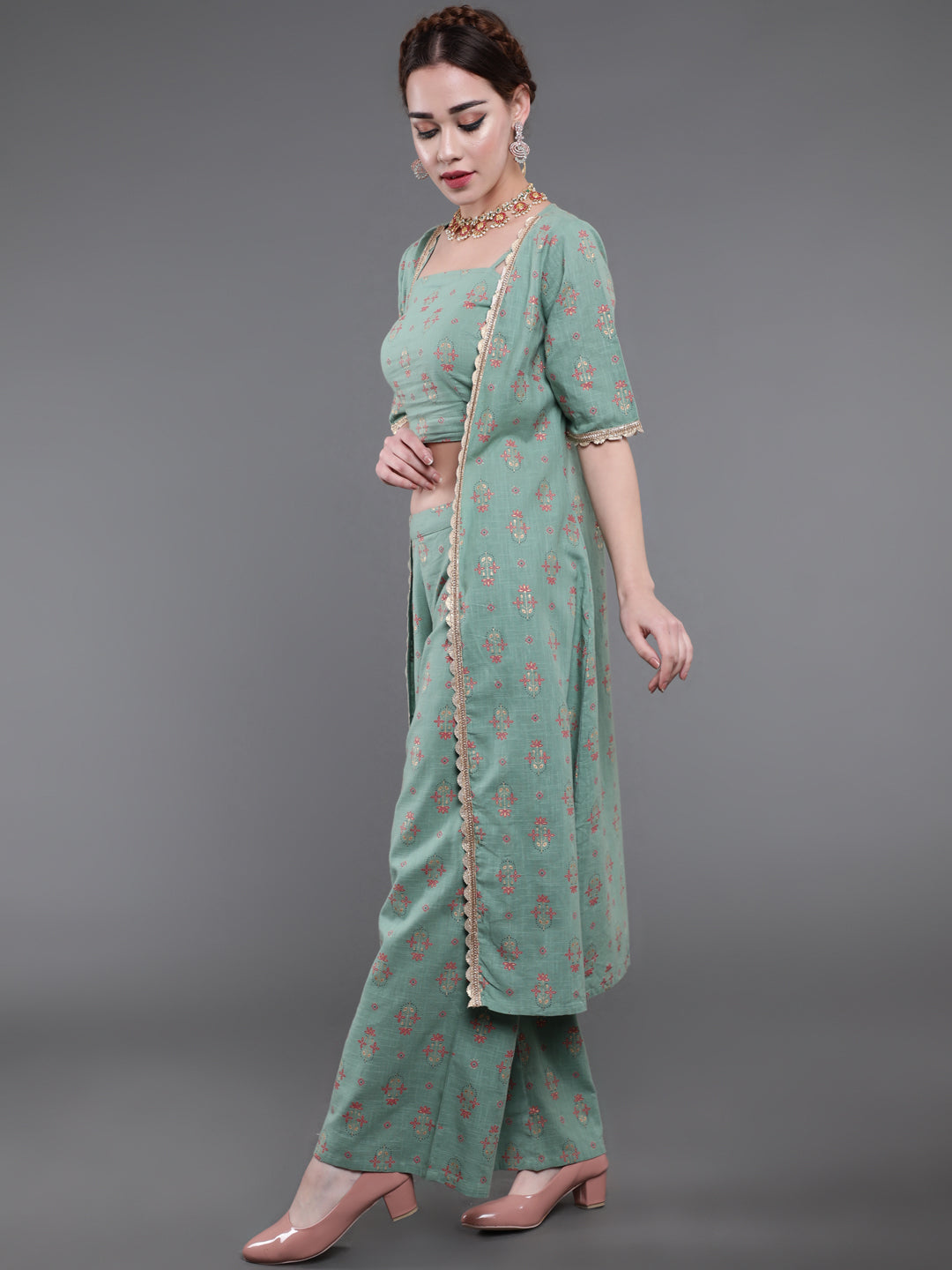 Sea Green Floral Co Ord Set With Jacket