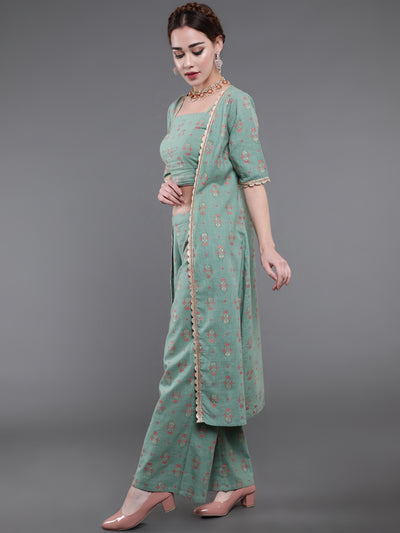 Sea Green Floral Co Ord Set With Jacket