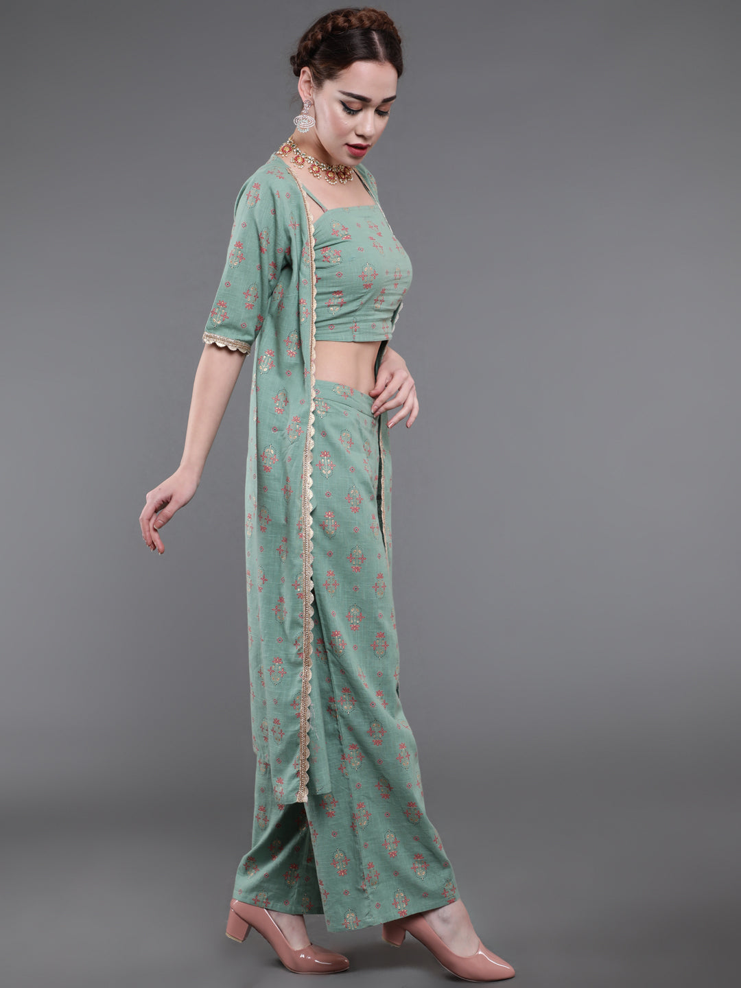 Sea Green Floral Co Ord Set With Jacket