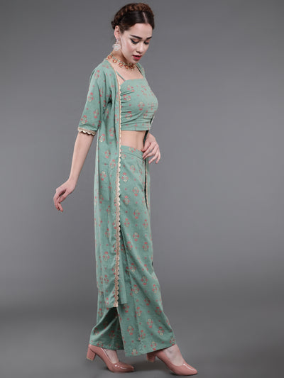 Sea Green Floral Co Ord Set With Jacket