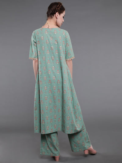 Sea Green Floral Co Ord Set With Jacket
