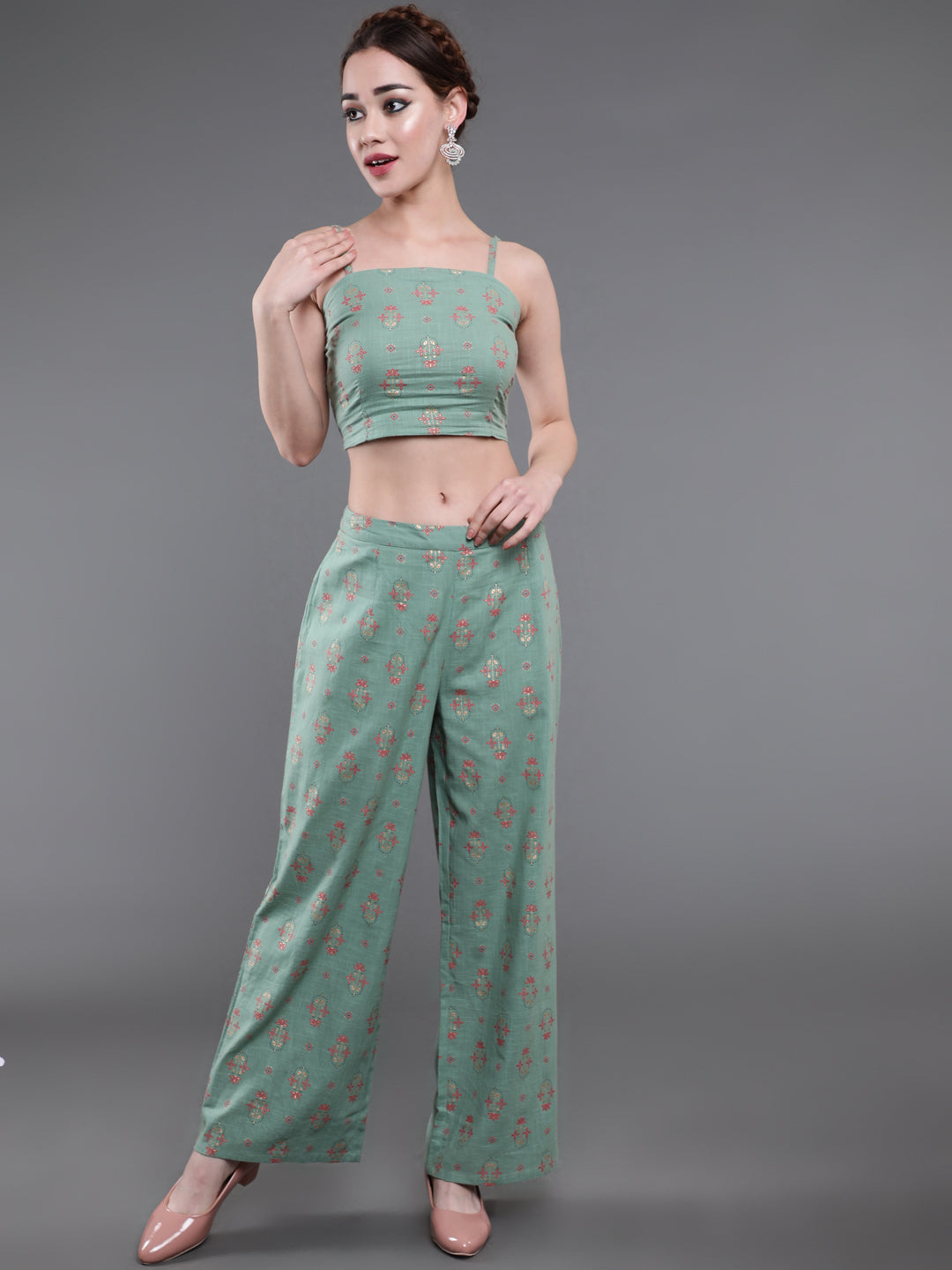 Sea Green Floral Co Ord Set With Jacket