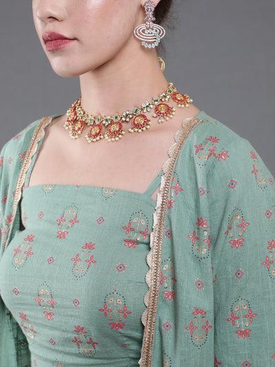 Sea Green Floral Co Ord Set With Jacket