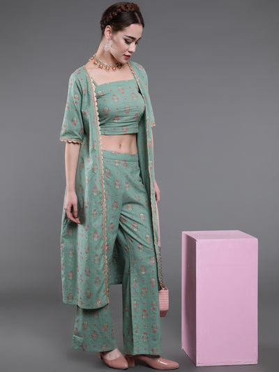 Sea Green Floral Co Ord Set With Jacket