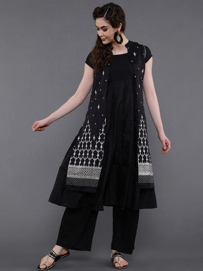 Black Printed Round-Neck A-Line Kurta
