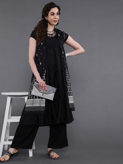 Black Printed Round-Neck A-Line Kurta