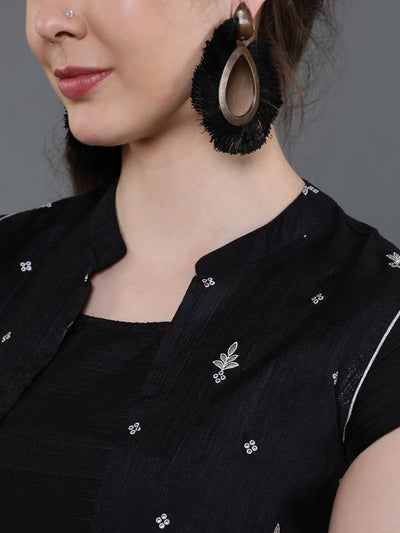 Black Printed Round-Neck A-Line Kurta