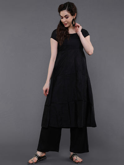 Black Printed Round-Neck A-Line Kurta