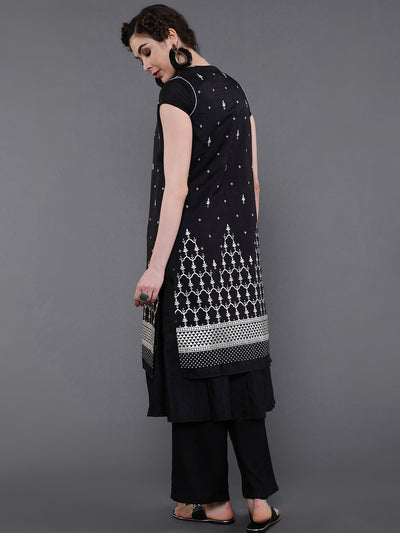 Black Printed Round-Neck A-Line Kurta