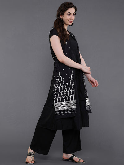 Black Printed Round-Neck A-Line Kurta
