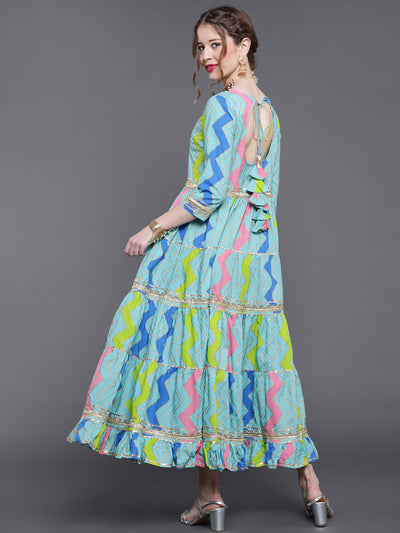 Blue Leheriya Print Lace Work Tiered Maxi Dress