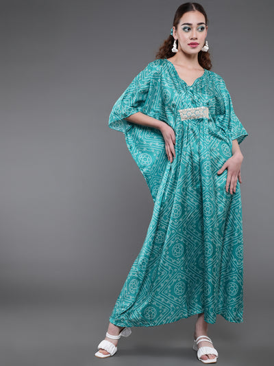 Green Bandhani Print Kaftan Dress With Lace Details