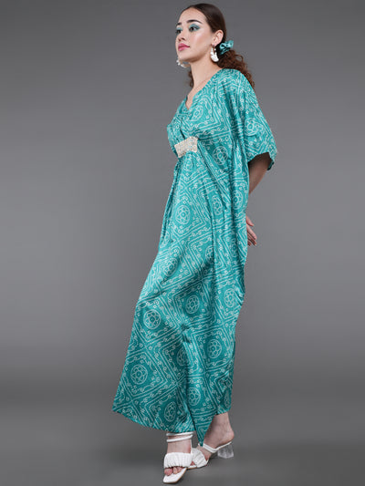 Green Bandhani Print Kaftan Dress With Lace Details