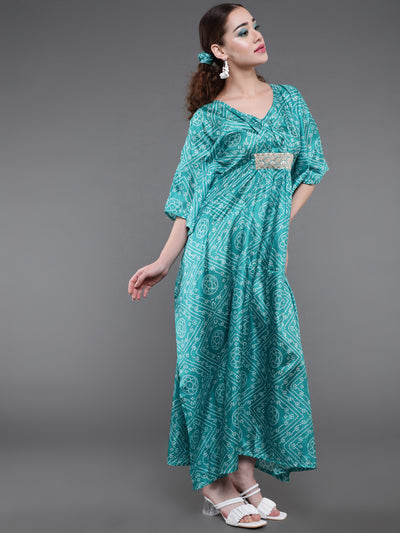 Green Bandhani Print Kaftan Dress With Lace Details