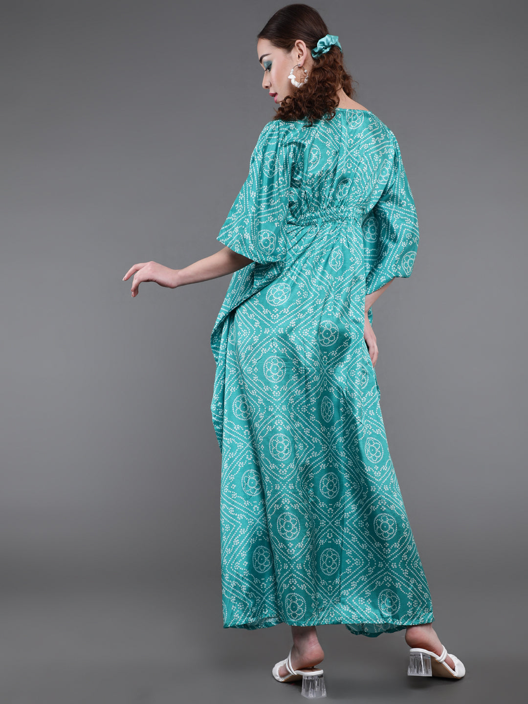 Green Bandhani Print Kaftan Dress With Lace Details