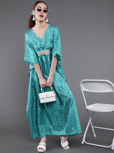 Green Bandhani Print Kaftan Dress With Lace Details