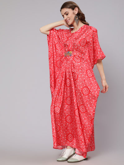 Red Bandhani Print Kaftan Dress With Lace Details