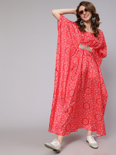 Red Bandhani Print Kaftan Dress With Lace Details