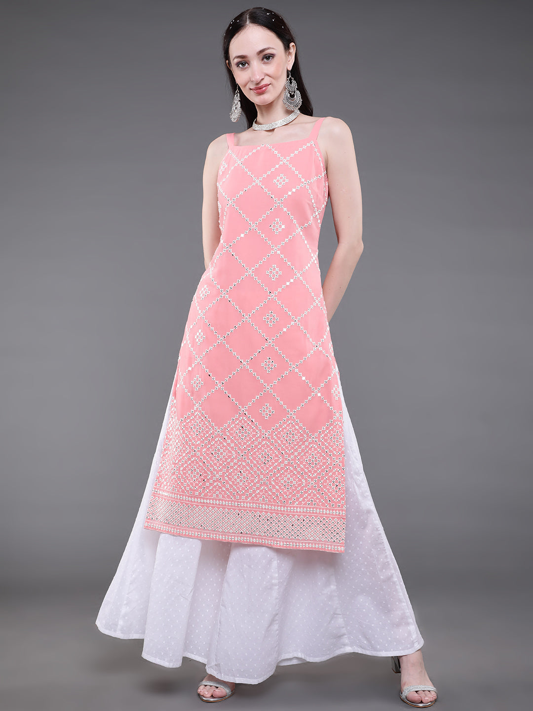 Peach Sequin Mirror Work Kurta