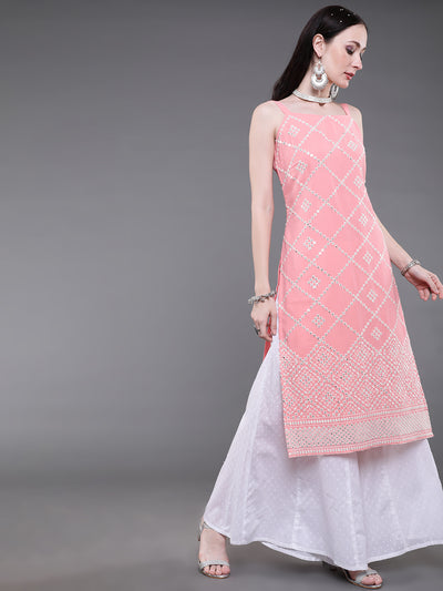 Peach Sequin Mirror Work Kurta