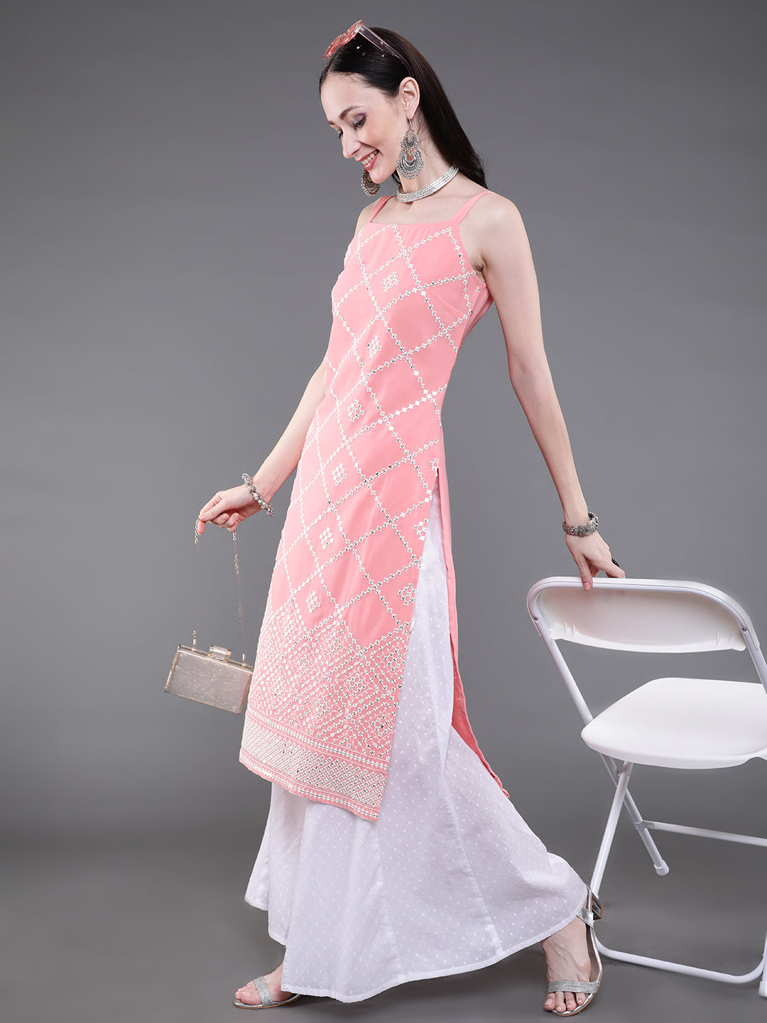 Peach Sequin Mirror Work Kurta