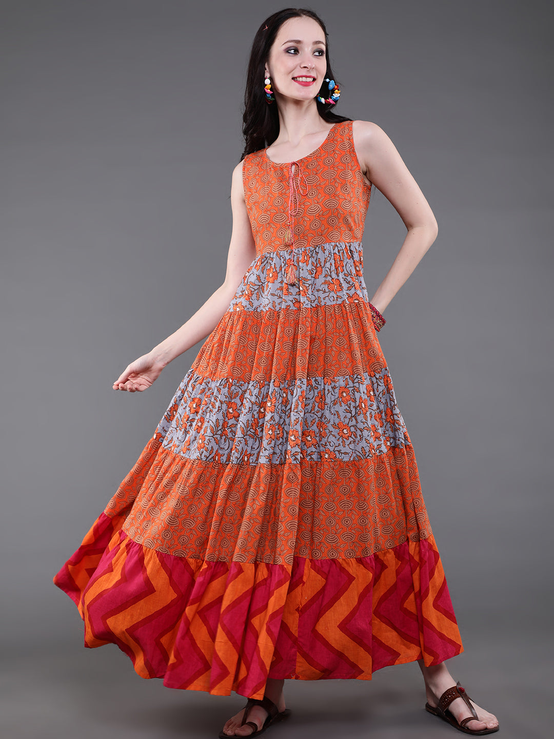 Orange & Grey Floral Print Flared Maxi Dress